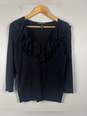 Lauren Ralph Lauren black ruffle neck silk cotton 3/4 sleeve sweater size medium